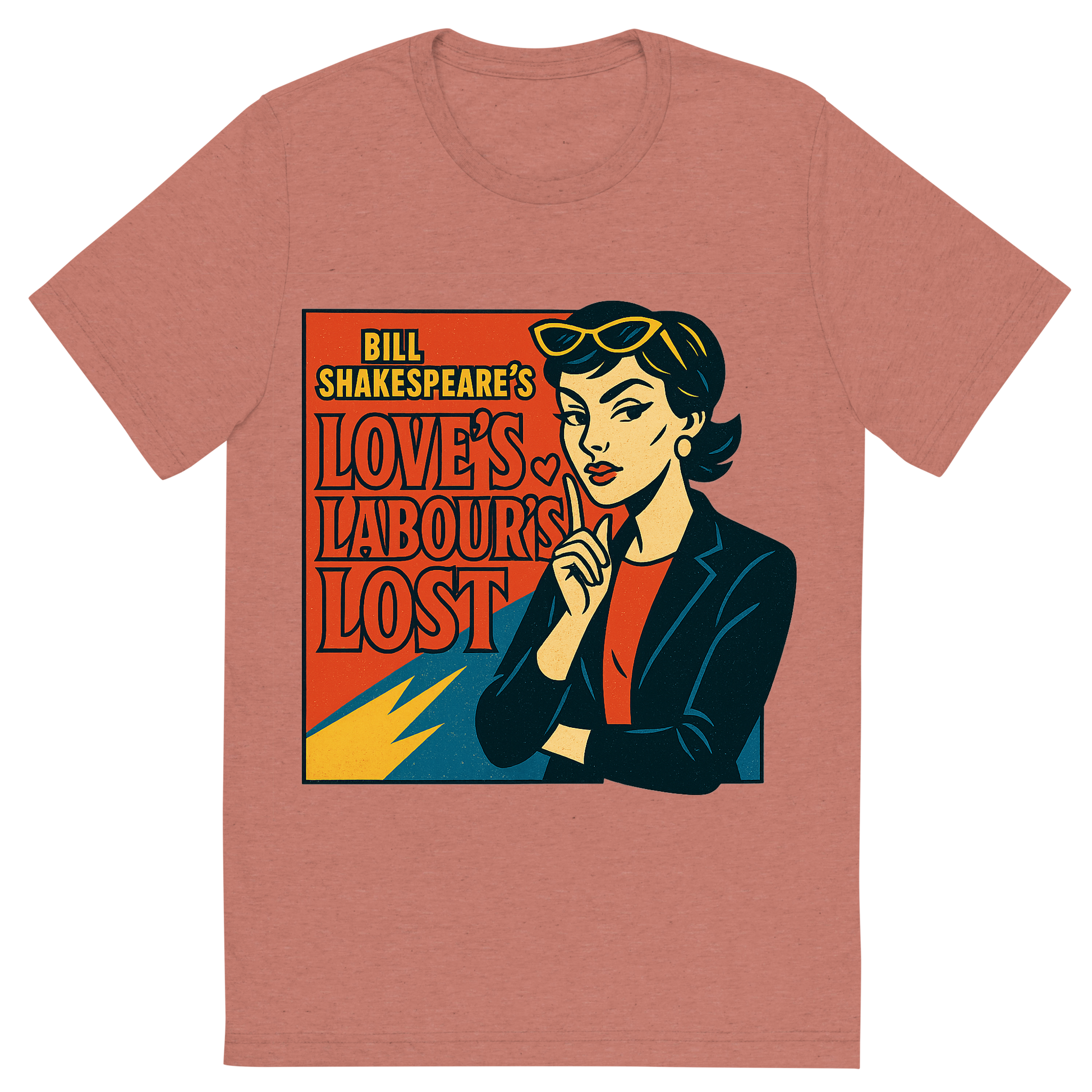 Front view of a Premium Tri-Blend Crew Neck T-Shirt in Mauve showing 'A retro, edgy graphic of a visual representation of a key theme and character from william shakespeare's love's labour's lost'