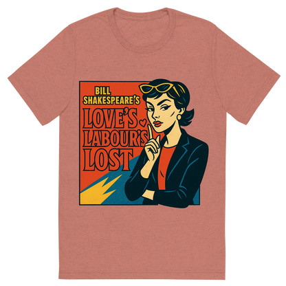 Front view of a Premium Tri-Blend Crew Neck T-Shirt in Mauve showing 'A retro, edgy graphic of a visual representation of a key theme and character from william shakespeare's love's labour's lost'