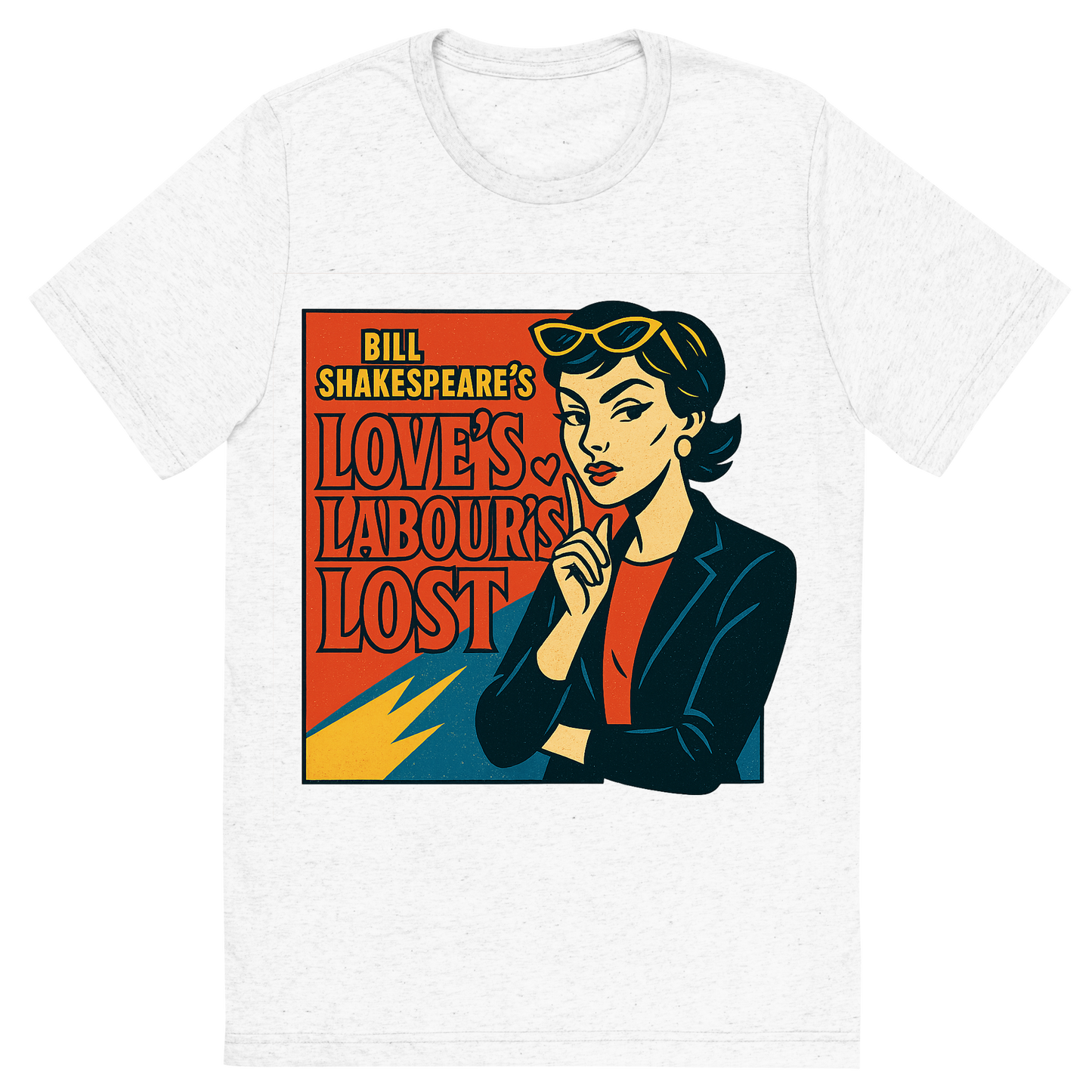Front view of a Premium Tri-Blend Crew Neck T-Shirt in Solid White showing 'A retro, edgy graphic of a visual representation of a key theme and character from william shakespeare's love's labour's lost'