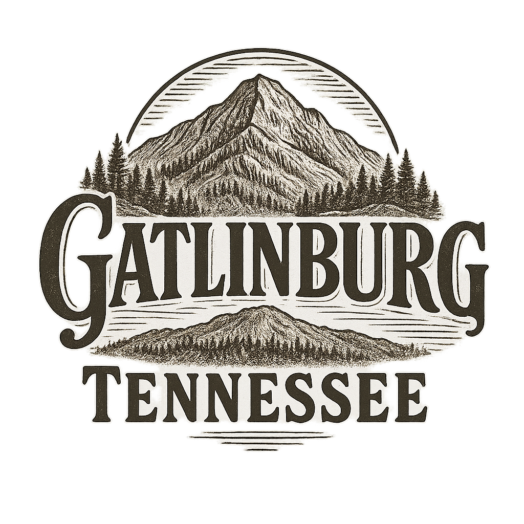 A typographic, nostalgic graphic of a typographic illustration of the words 'gatlinburg, tennessee' with a vintage line art drawing of ober mountain – a t-shirt design