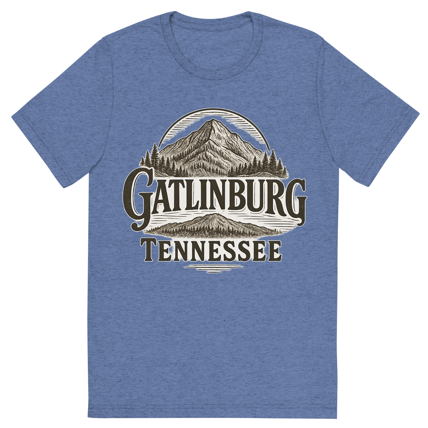 Front view of a Premium Tri-Blend Crew Neck T-Shirt in Blue showing 'A typographic, nostalgic graphic of a typographic illustration of the words 'gatlinburg, tennessee' with a vintage line art drawing of ober mountain'
