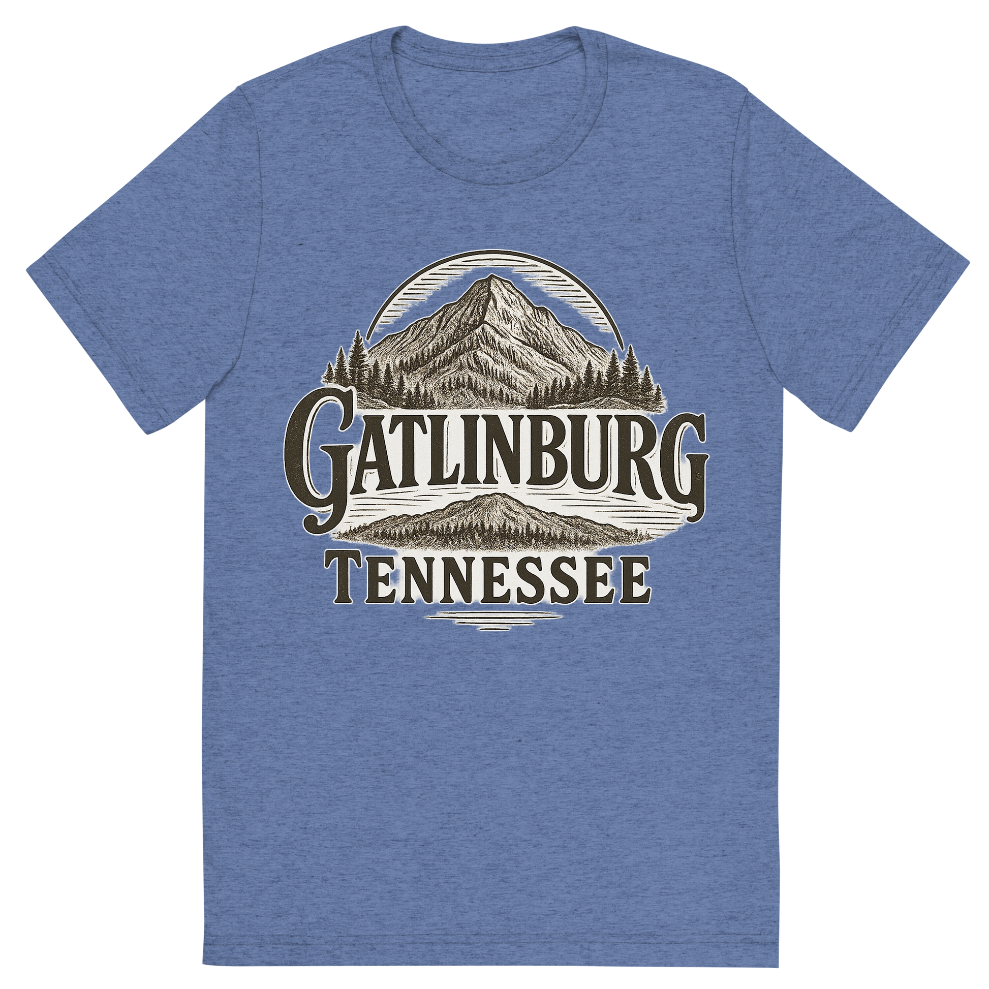 Front view of a Premium Tri-Blend Crew Neck T-Shirt in Blue showing 'A typographic, nostalgic graphic of a typographic illustration of the words 'gatlinburg, tennessee' with a vintage line art drawing of ober mountain'