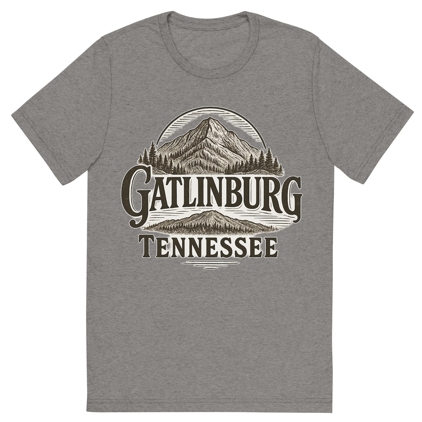 Front view of a Premium Tri-Blend Crew Neck T-Shirt in Grey showing 'A typographic, nostalgic graphic of a typographic illustration of the words 'gatlinburg, tennessee' with a vintage line art drawing of ober mountain'