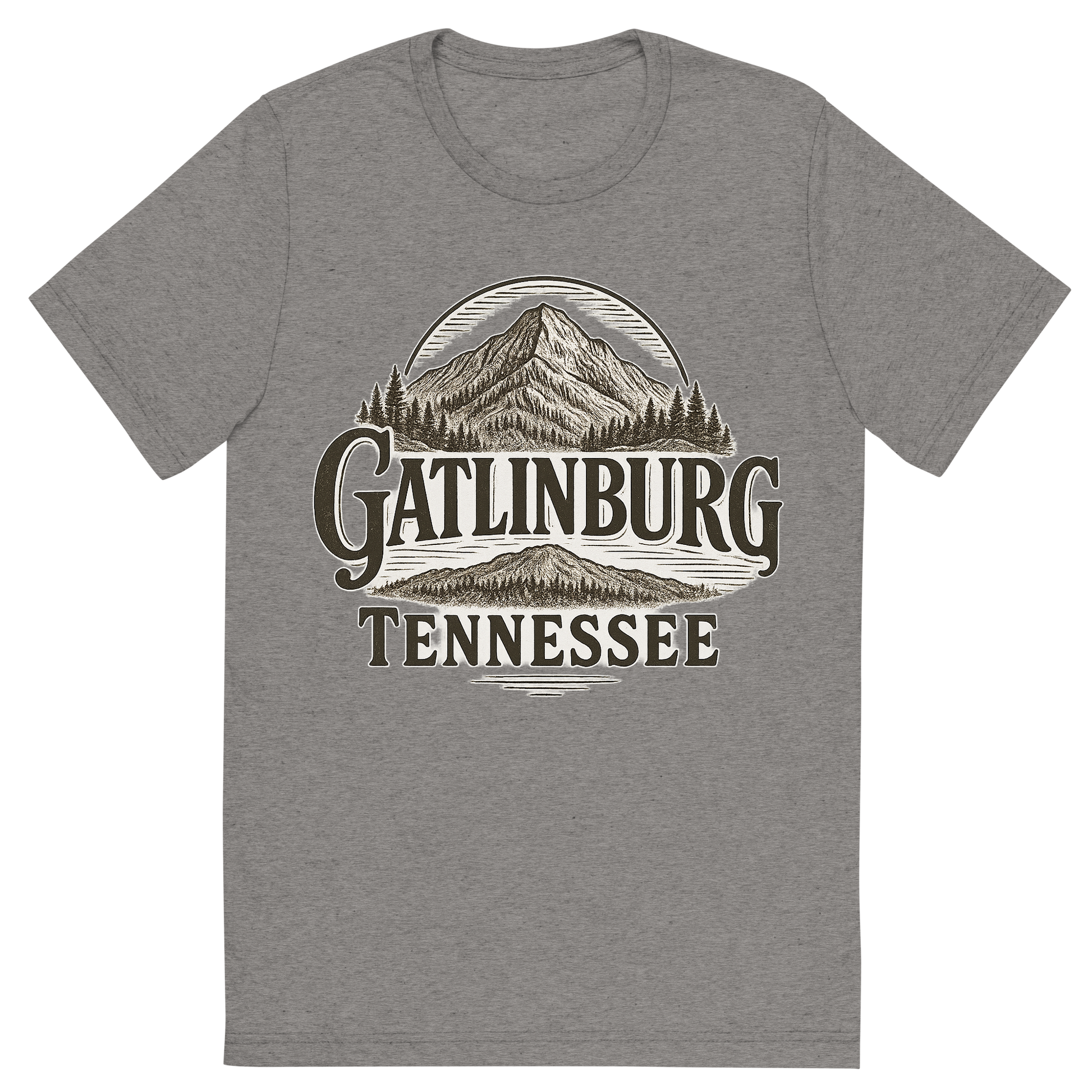 Front view of a Premium Tri-Blend Crew Neck T-Shirt in Grey showing 'A typographic, nostalgic graphic of a typographic illustration of the words 'gatlinburg, tennessee' with a vintage line art drawing of ober mountain'