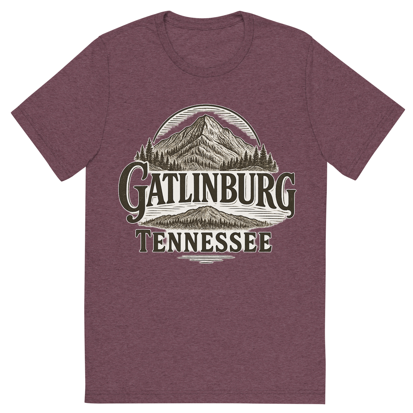 Front view of a Premium Tri-Blend Crew Neck T-Shirt in Maroon showing 'A typographic, nostalgic graphic of a typographic illustration of the words 'gatlinburg, tennessee' with a vintage line art drawing of ober mountain'