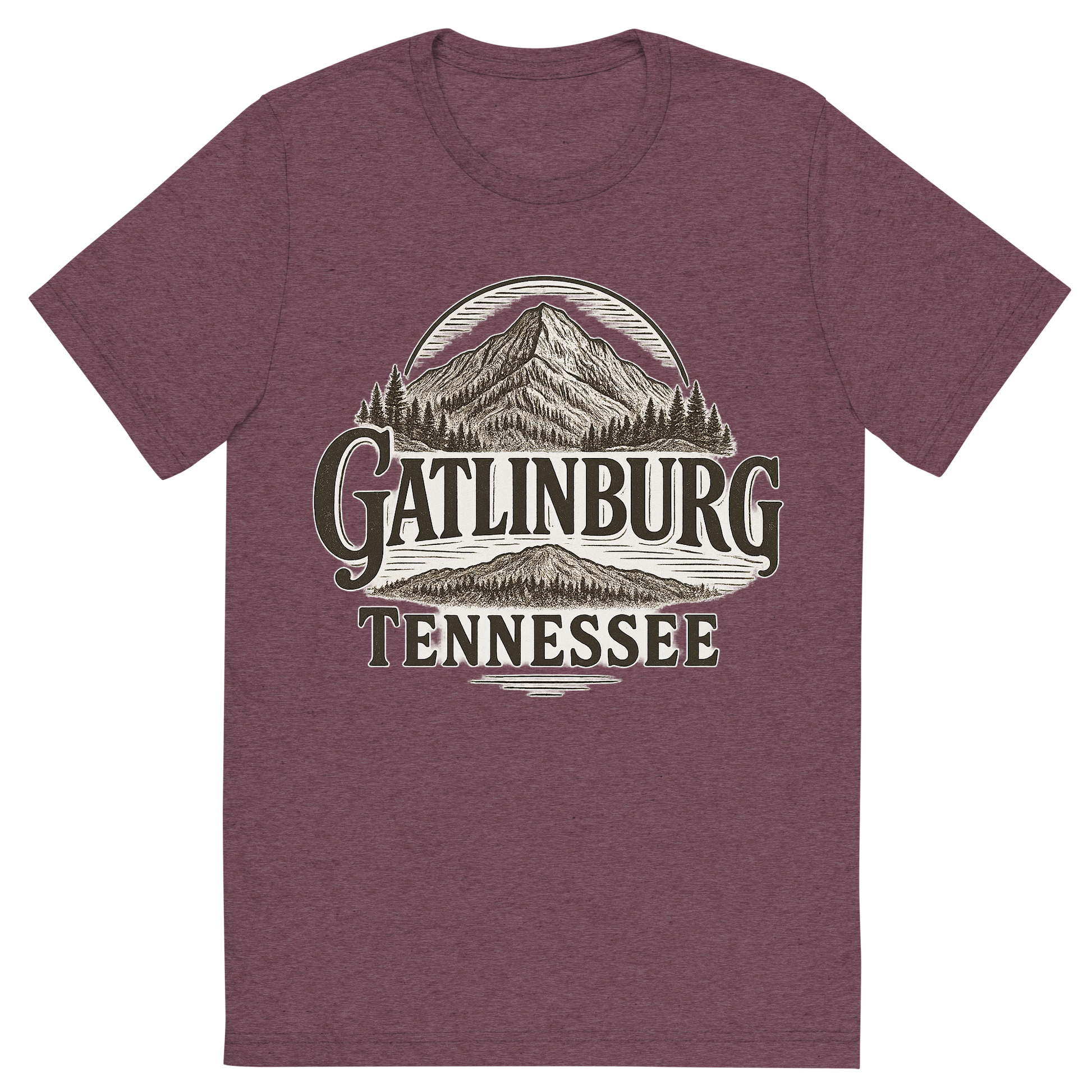 Front view of a Premium Tri-Blend Crew Neck T-Shirt in Maroon showing 'A typographic, nostalgic graphic of a typographic illustration of the words 'gatlinburg, tennessee' with a vintage line art drawing of ober mountain'