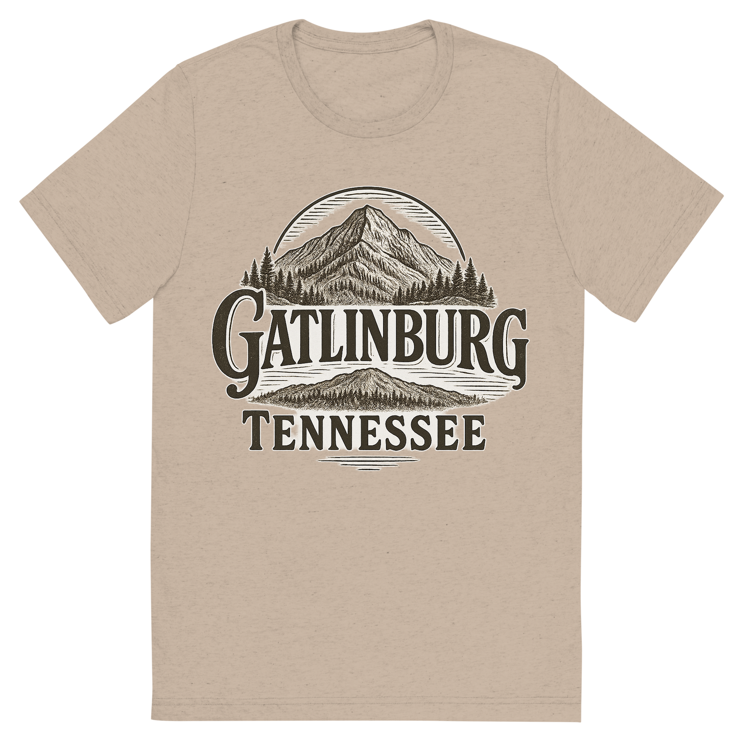 Front view of a Premium Tri-Blend Crew Neck T-Shirt in Tan showing 'A typographic, nostalgic graphic of a typographic illustration of the words 'gatlinburg, tennessee' with a vintage line art drawing of ober mountain'