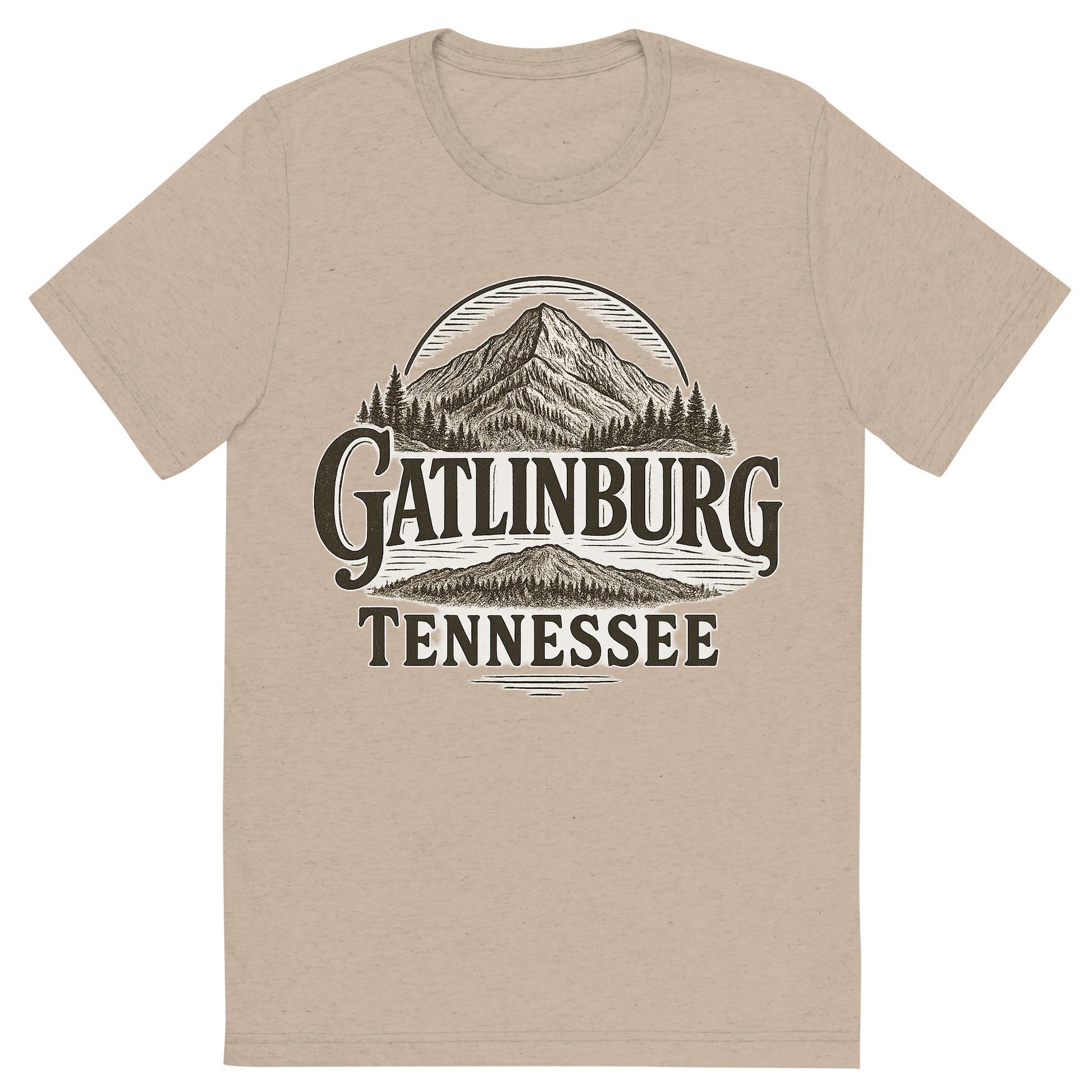 Front view of a Premium Tri-Blend Crew Neck T-Shirt in Tan showing 'A typographic, nostalgic graphic of a typographic illustration of the words 'gatlinburg, tennessee' with a vintage line art drawing of ober mountain'