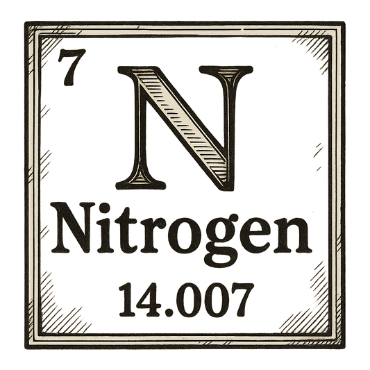 A line art, nostalgic graphic of nitrogen's entry on the periodic table, use a dark color for the lines and text – a t-shirt design