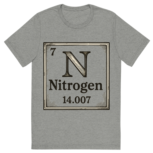 Front view of a Premium Tri-Blend Crew Neck T-Shirt in Athletic Grey showing 'A line art, nostalgic graphic of nitrogen's entry on the periodic table, use a dark color for the lines and text'