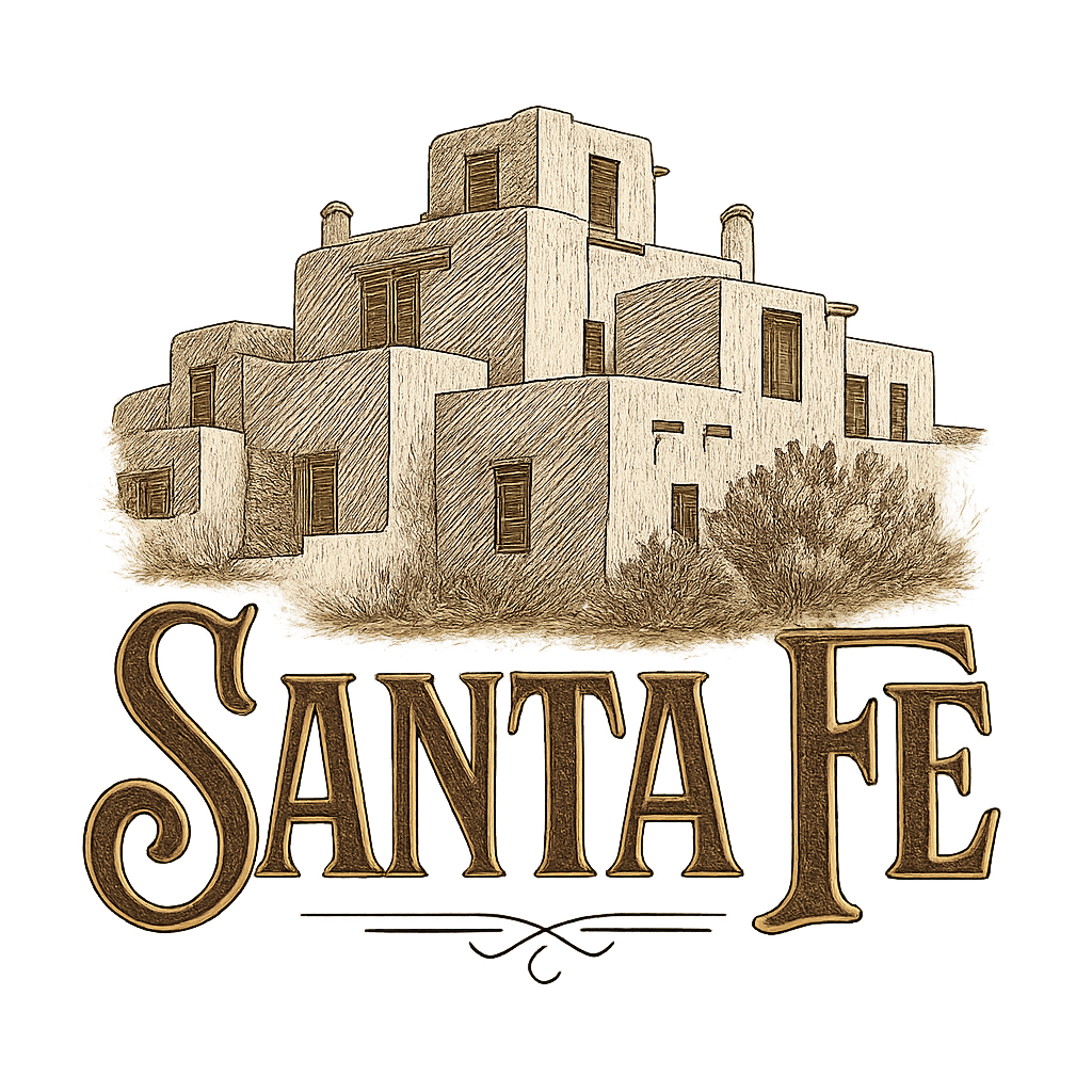 A typographic, nostalgic graphic of a typographic illustration of the words 'santa fe' with a vintage line art drawing of the adobe architecture – a t-shirt design