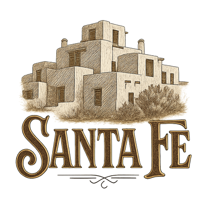 A typographic, nostalgic graphic of a typographic illustration of the words 'santa fe' with a vintage line art drawing of the adobe architecture – a t-shirt design