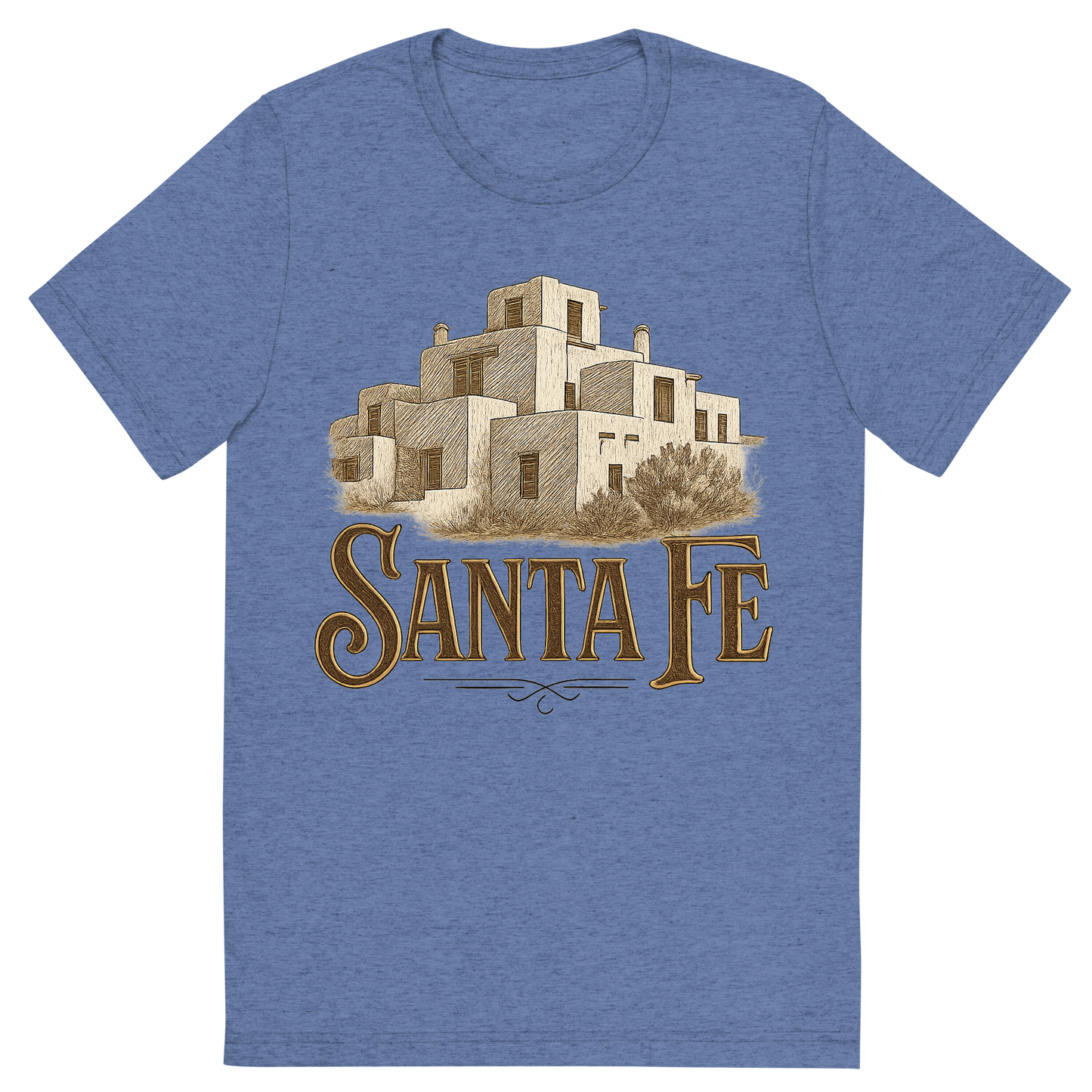 Front view of a Premium Tri-Blend Crew Neck T-Shirt in Blue showing 'A typographic, nostalgic graphic of a typographic illustration of the words 'santa fe' with a vintage line art drawing of the adobe architecture'