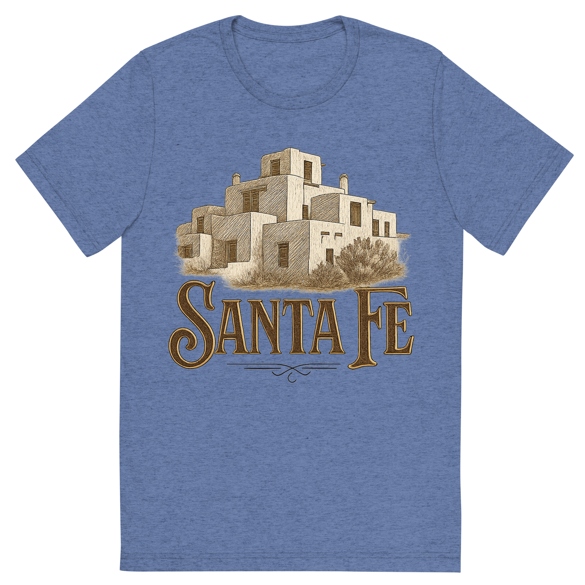 Front view of a Premium Tri-Blend Crew Neck T-Shirt in Blue showing 'A typographic, nostalgic graphic of a typographic illustration of the words 'santa fe' with a vintage line art drawing of the adobe architecture'