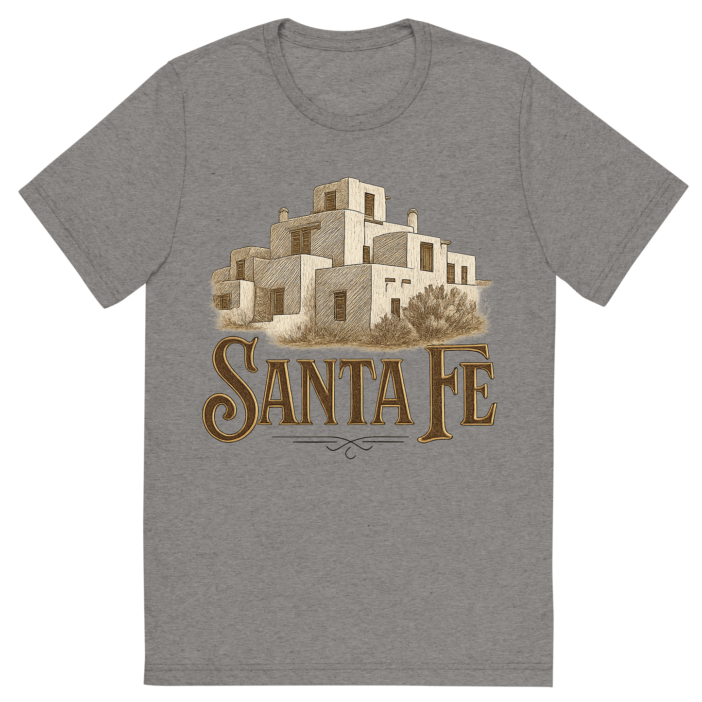 Front view of a Premium Tri-Blend Crew Neck T-Shirt in Grey showing 'A typographic, nostalgic graphic of a typographic illustration of the words 'santa fe' with a vintage line art drawing of the adobe architecture'