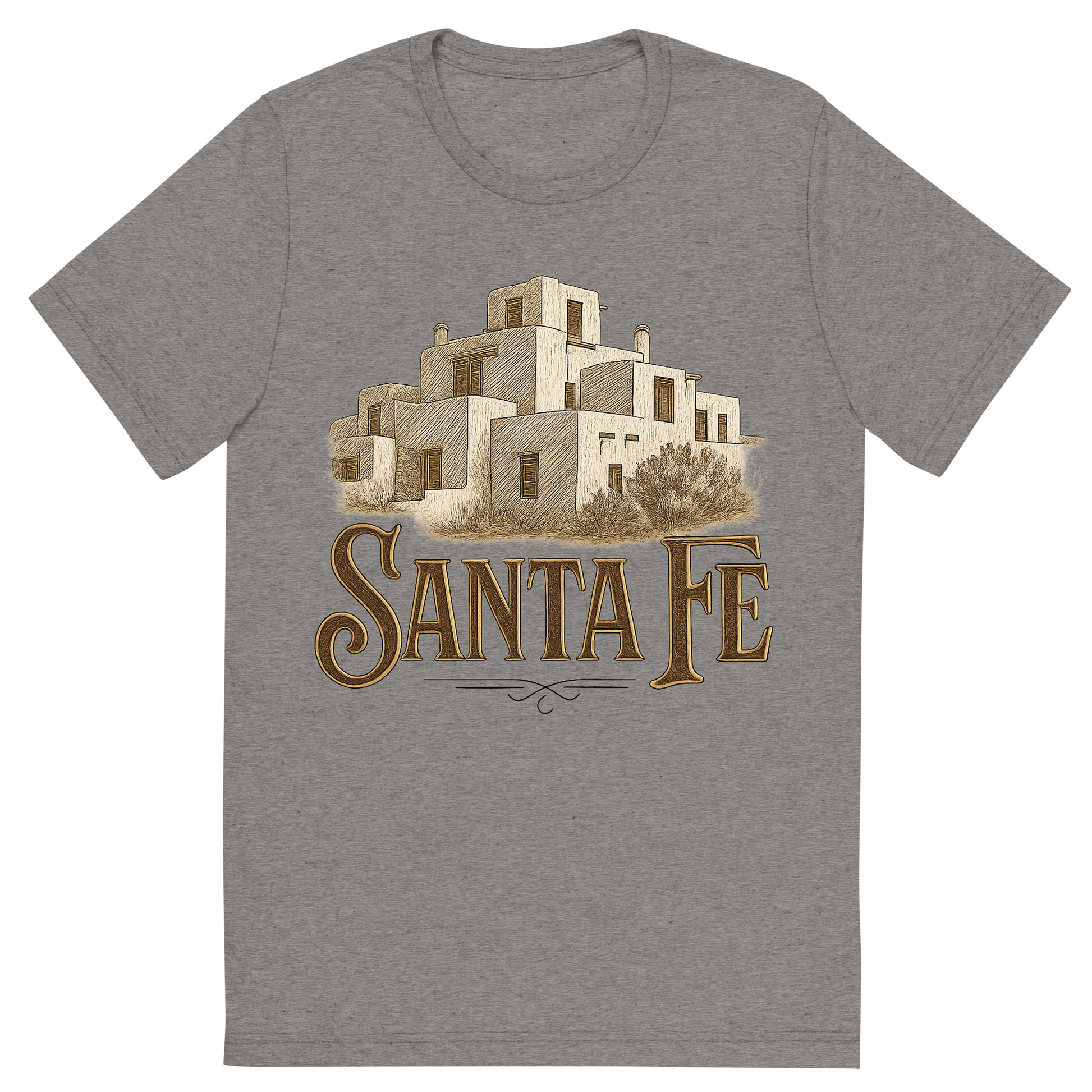 Front view of a Premium Tri-Blend Crew Neck T-Shirt in Grey showing 'A typographic, nostalgic graphic of a typographic illustration of the words 'santa fe' with a vintage line art drawing of the adobe architecture'
