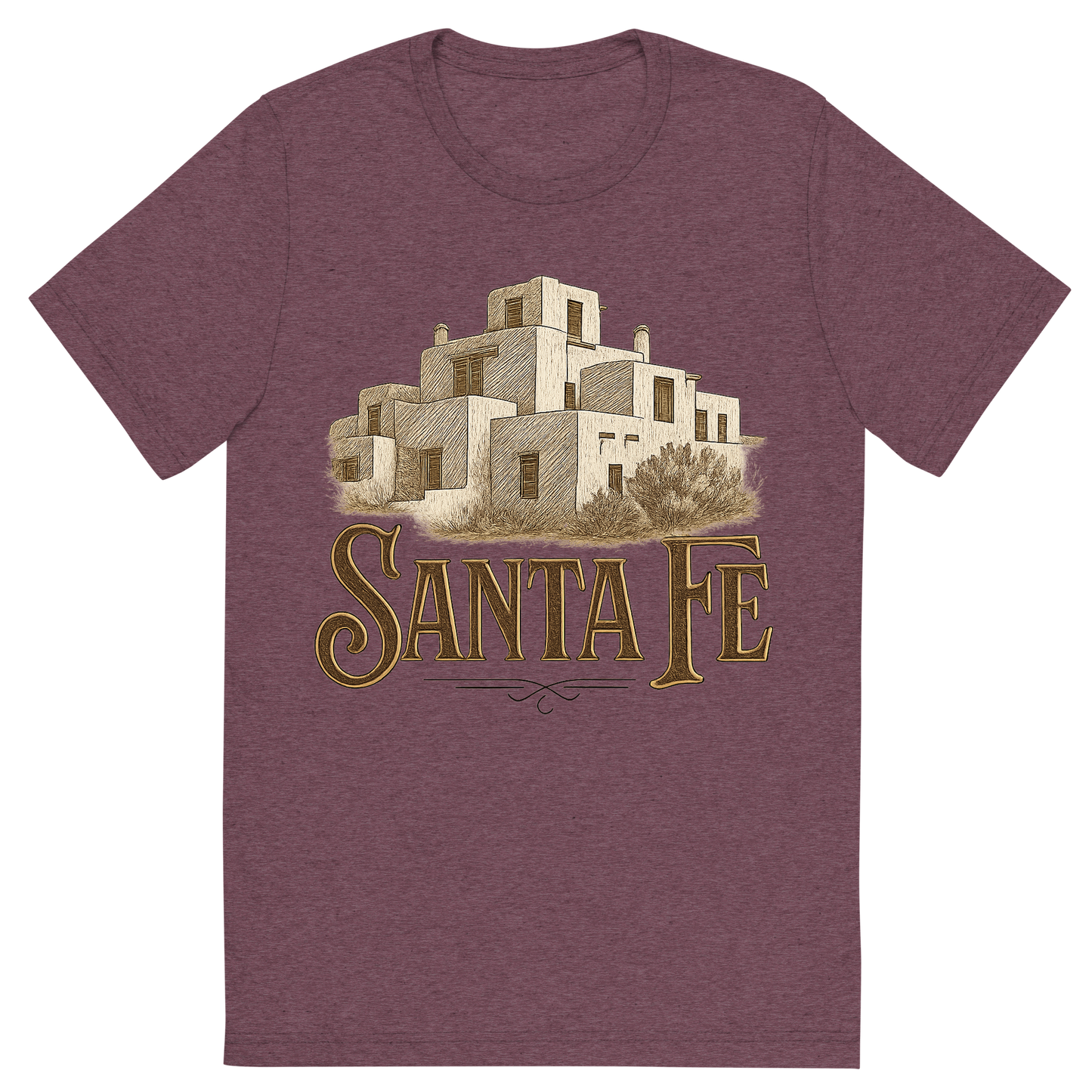 Front view of a Premium Tri-Blend Crew Neck T-Shirt in Maroon showing 'A typographic, nostalgic graphic of a typographic illustration of the words 'santa fe' with a vintage line art drawing of the adobe architecture'