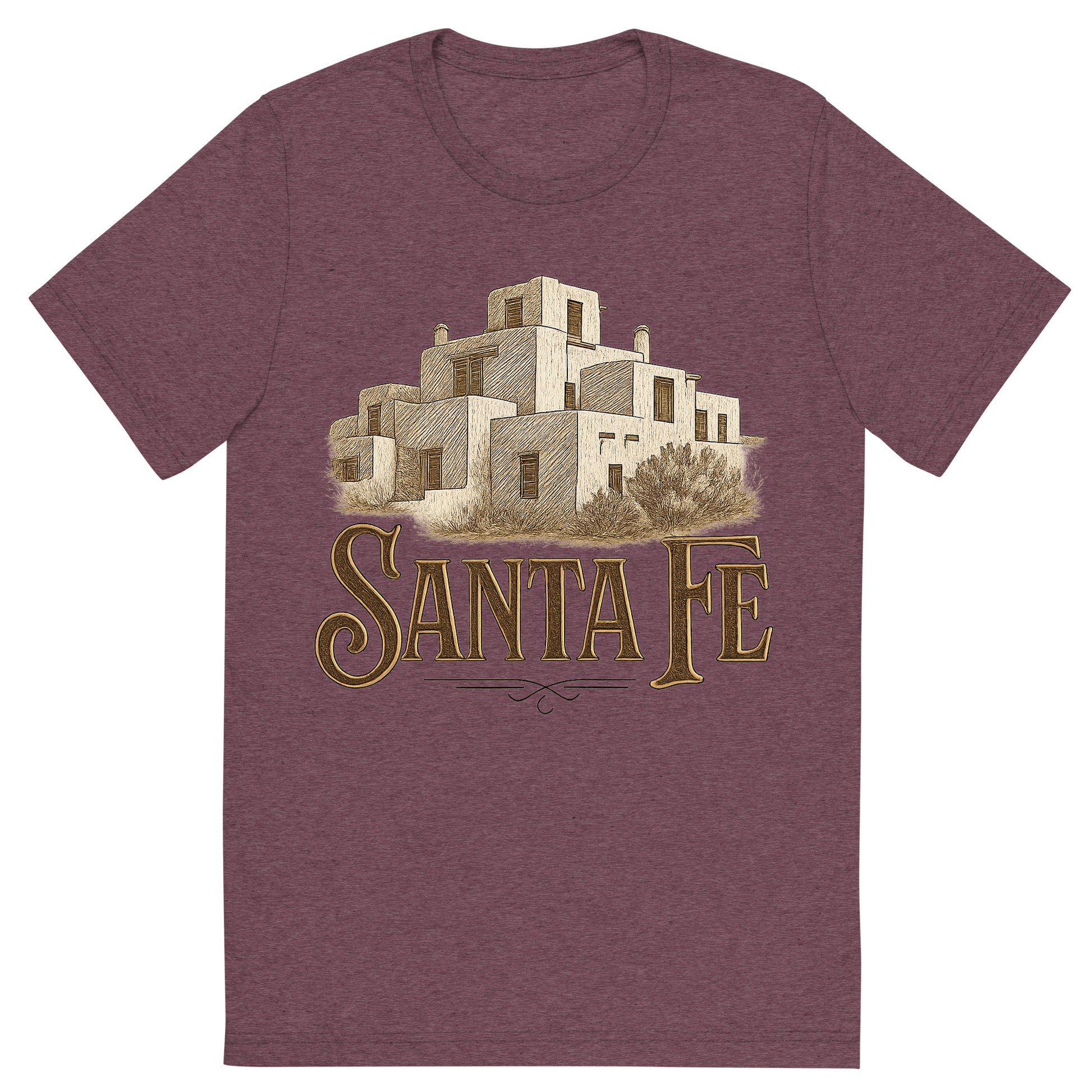 Front view of a Premium Tri-Blend Crew Neck T-Shirt in Maroon showing 'A typographic, nostalgic graphic of a typographic illustration of the words 'santa fe' with a vintage line art drawing of the adobe architecture'