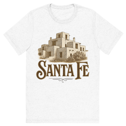 Front view of a Premium Tri-Blend Crew Neck T-Shirt in Solid White showing 'A typographic, nostalgic graphic of a typographic illustration of the words 'santa fe' with a vintage line art drawing of the adobe architecture'