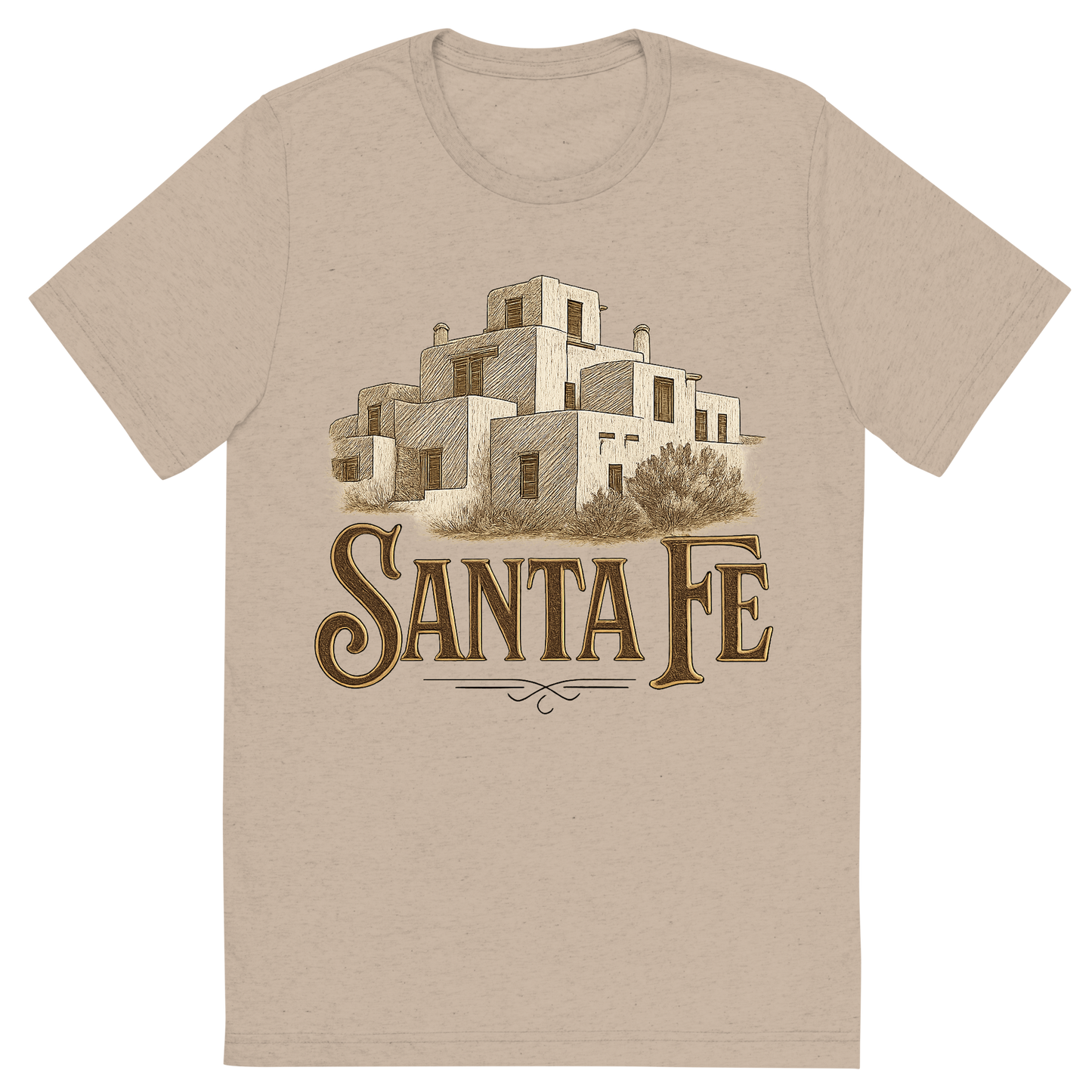 Front view of a Premium Tri-Blend Crew Neck T-Shirt in Tan showing 'A typographic, nostalgic graphic of a typographic illustration of the words 'santa fe' with a vintage line art drawing of the adobe architecture'
