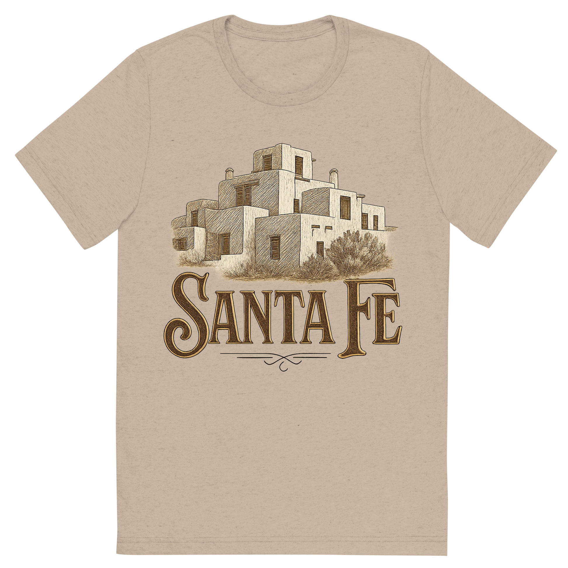 Front view of a Premium Tri-Blend Crew Neck T-Shirt in Tan showing 'A typographic, nostalgic graphic of a typographic illustration of the words 'santa fe' with a vintage line art drawing of the adobe architecture'
