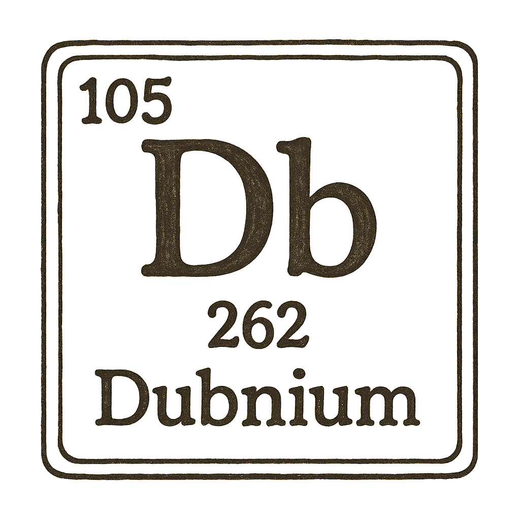 A line art, nostalgic graphic of dubnium's entry on the periodic table, use a dark color for the lines and text – a t-shirt design