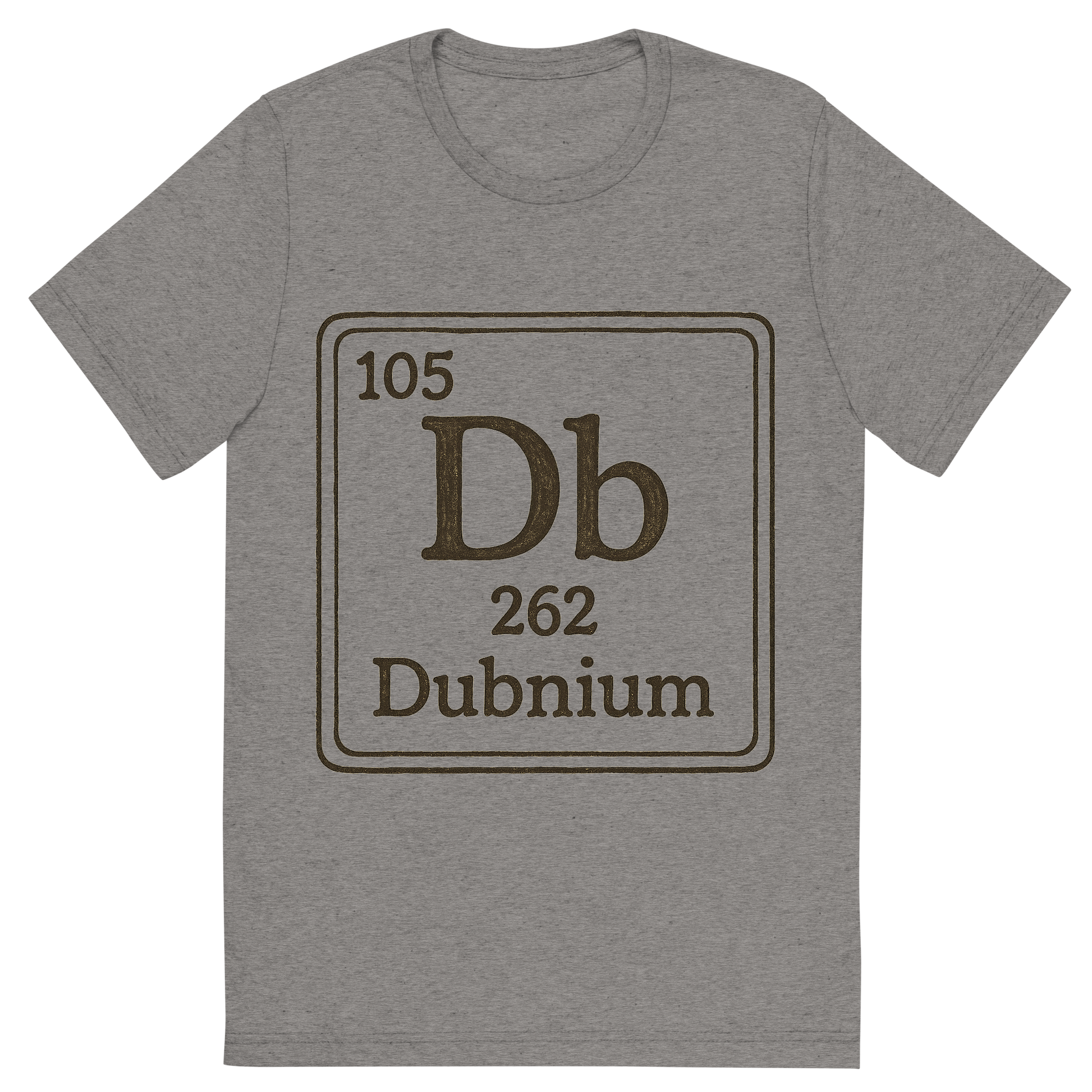 Front view of a Premium Tri-Blend Crew Neck T-Shirt in Grey showing 'A line art, nostalgic graphic of dubnium's entry on the periodic table, use a dark color for the lines and text'