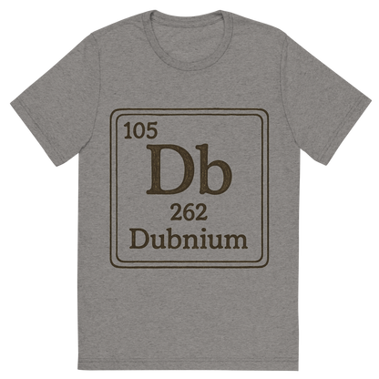 Front view of a Premium Tri-Blend Crew Neck T-Shirt in Grey showing 'A line art, nostalgic graphic of dubnium's entry on the periodic table, use a dark color for the lines and text'