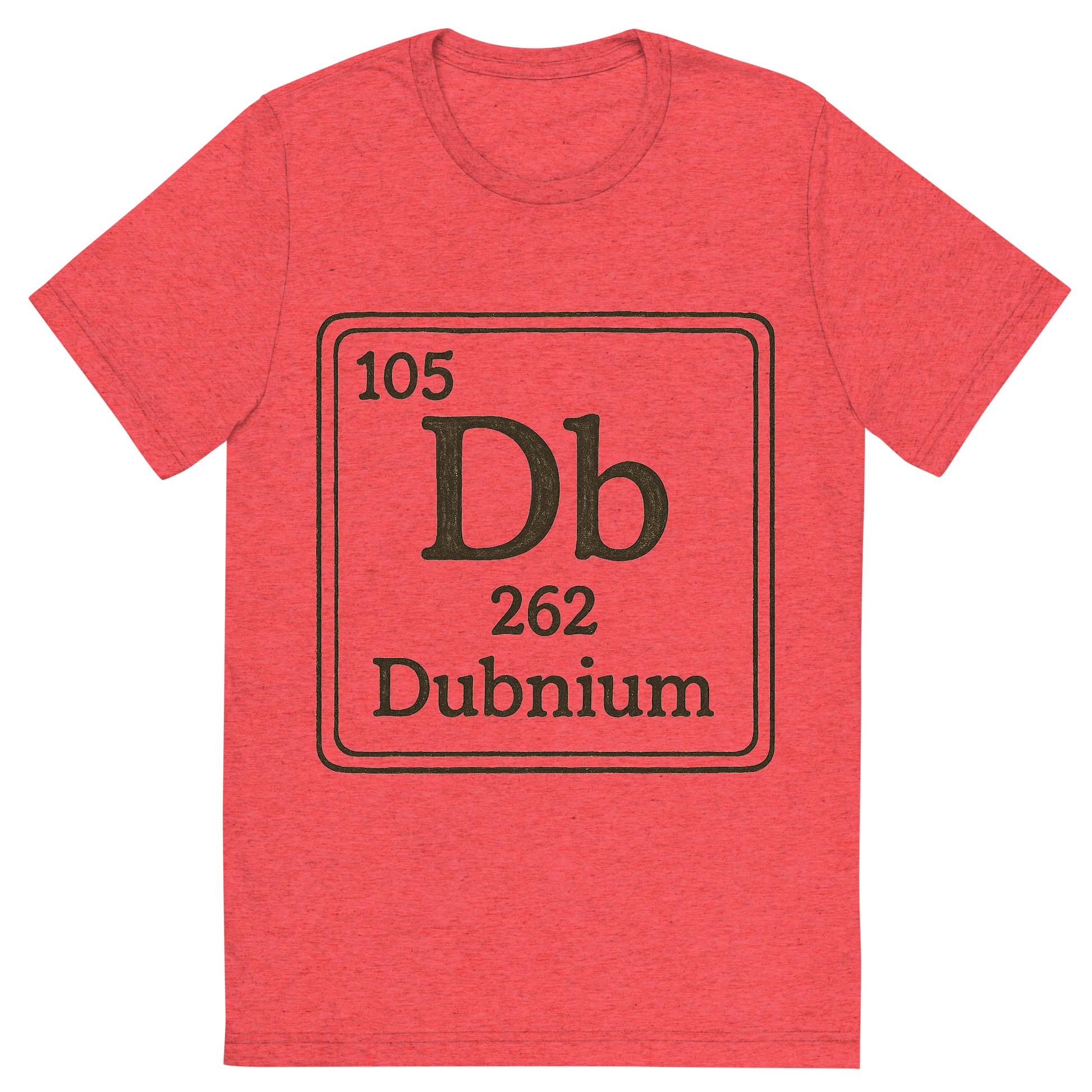 Front view of a Premium Tri-Blend Crew Neck T-Shirt in Red showing 'A line art, nostalgic graphic of dubnium's entry on the periodic table, use a dark color for the lines and text'