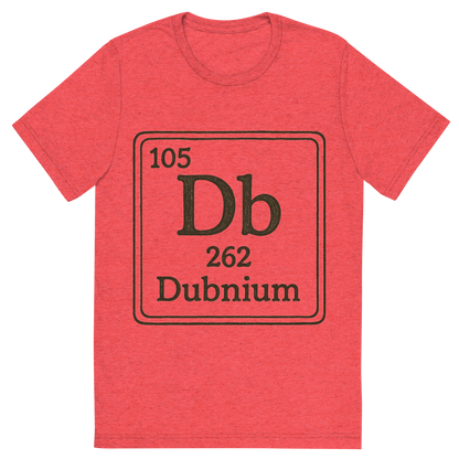 Front view of a Premium Tri-Blend Crew Neck T-Shirt in Red showing 'A line art, nostalgic graphic of dubnium's entry on the periodic table, use a dark color for the lines and text'