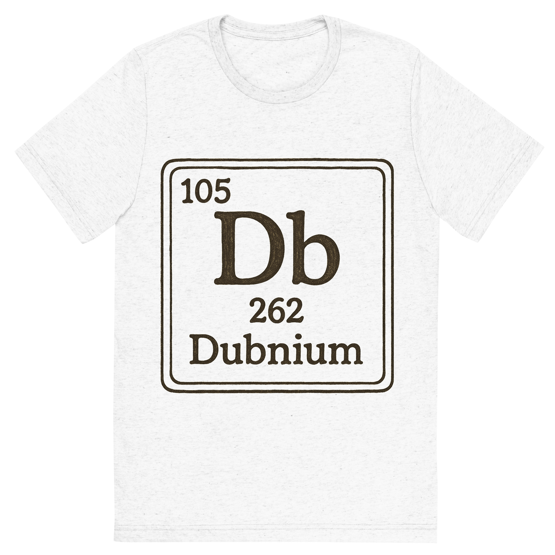 Front view of a Premium Tri-Blend Crew Neck T-Shirt in Solid White showing 'A line art, nostalgic graphic of dubnium's entry on the periodic table, use a dark color for the lines and text'