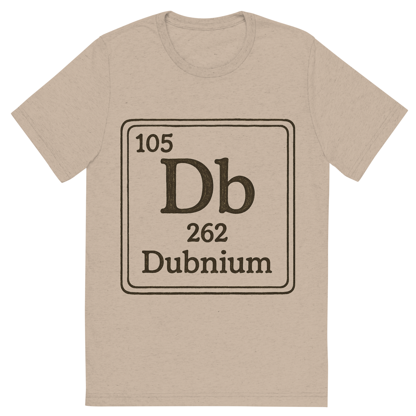 Front view of a Premium Tri-Blend Crew Neck T-Shirt in Tan showing 'A line art, nostalgic graphic of dubnium's entry on the periodic table, use a dark color for the lines and text'