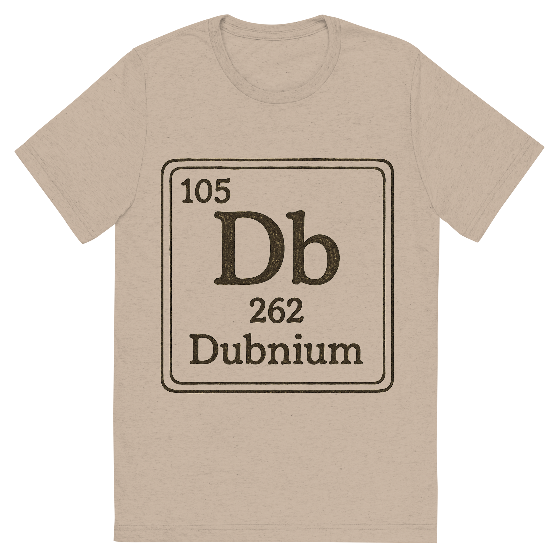 Front view of a Premium Tri-Blend Crew Neck T-Shirt in Tan showing 'A line art, nostalgic graphic of dubnium's entry on the periodic table, use a dark color for the lines and text'