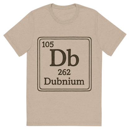 Front view of a Premium Tri-Blend Crew Neck T-Shirt in Tan showing 'A line art, nostalgic graphic of dubnium's entry on the periodic table, use a dark color for the lines and text'