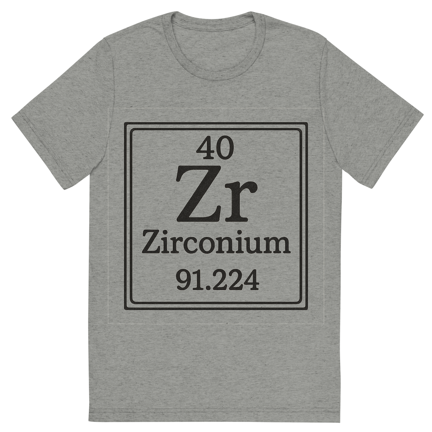 Front view of a Premium Tri-Blend Crew Neck T-Shirt in Athletic Grey showing 'A line art, nostalgic graphic of zirconium's entry on the periodic table, use a dark color for the lines and text'