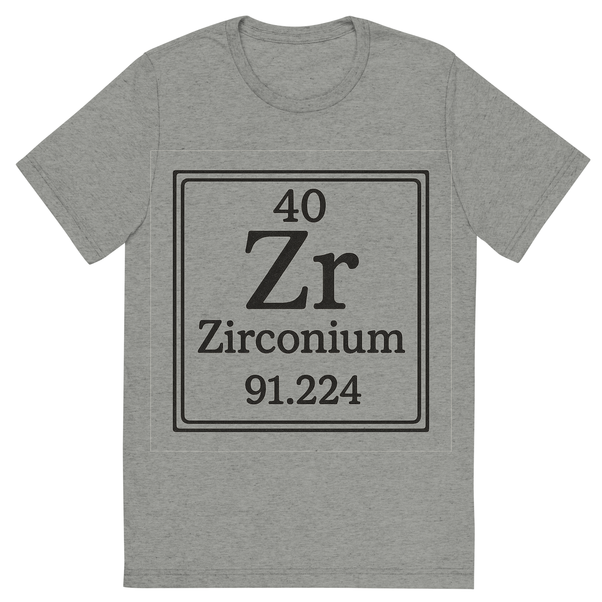 Front view of a Premium Tri-Blend Crew Neck T-Shirt in Athletic Grey showing 'A line art, nostalgic graphic of zirconium's entry on the periodic table, use a dark color for the lines and text'