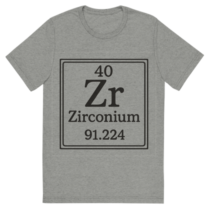 Front view of a Premium Tri-Blend Crew Neck T-Shirt in Athletic Grey showing 'A line art, nostalgic graphic of zirconium's entry on the periodic table, use a dark color for the lines and text'