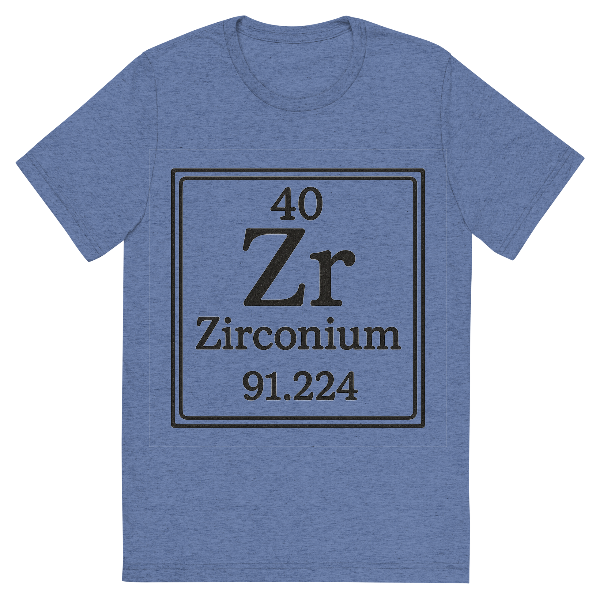 Front view of a Premium Tri-Blend Crew Neck T-Shirt in Blue showing 'A line art, nostalgic graphic of zirconium's entry on the periodic table, use a dark color for the lines and text'
