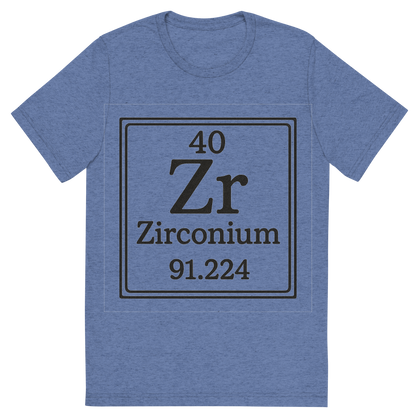 Front view of a Premium Tri-Blend Crew Neck T-Shirt in Blue showing 'A line art, nostalgic graphic of zirconium's entry on the periodic table, use a dark color for the lines and text'