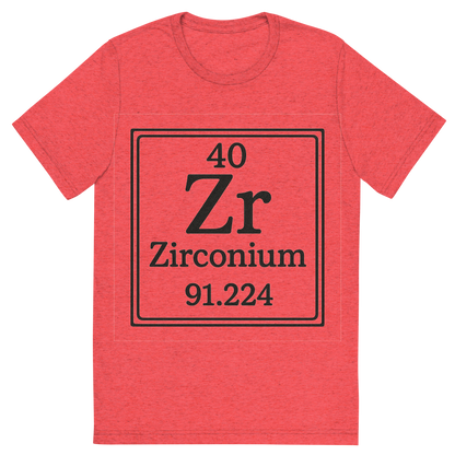 Front view of a Premium Tri-Blend Crew Neck T-Shirt in Red showing 'A line art, nostalgic graphic of zirconium's entry on the periodic table, use a dark color for the lines and text'