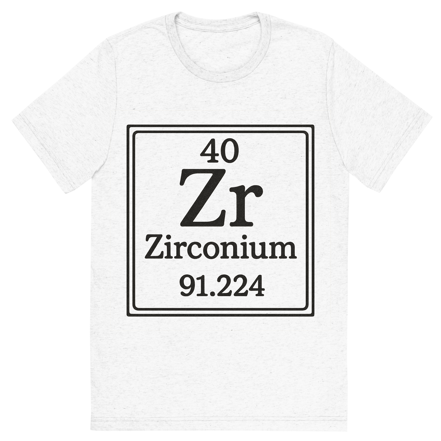 Front view of a Premium Tri-Blend Crew Neck T-Shirt in Solid White showing 'A line art, nostalgic graphic of zirconium's entry on the periodic table, use a dark color for the lines and text'
