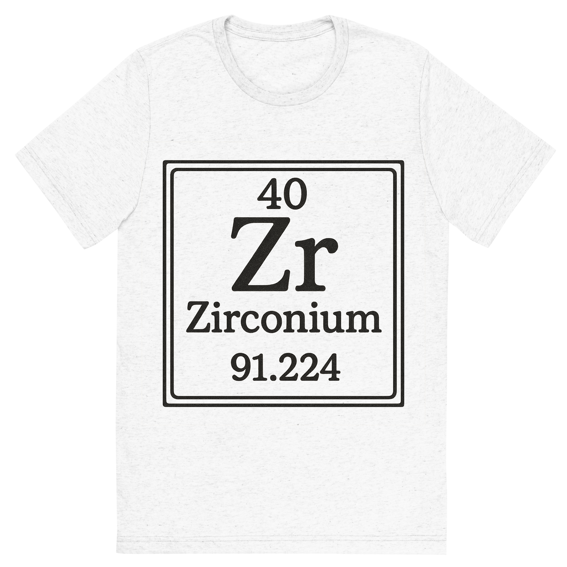 Front view of a Premium Tri-Blend Crew Neck T-Shirt in Solid White showing 'A line art, nostalgic graphic of zirconium's entry on the periodic table, use a dark color for the lines and text'