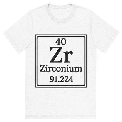 Front view of a Premium Tri-Blend Crew Neck T-Shirt in Solid White showing 'A line art, nostalgic graphic of zirconium's entry on the periodic table, use a dark color for the lines and text'