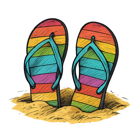 A hand-drawn ink with pops of color, carefree graphic of a pair of colorful flip-flops half-buried in golden sand, hand-drawn ink with pops of color, centered composition, transparent background, optimized for dtg printing - a t-shirt design