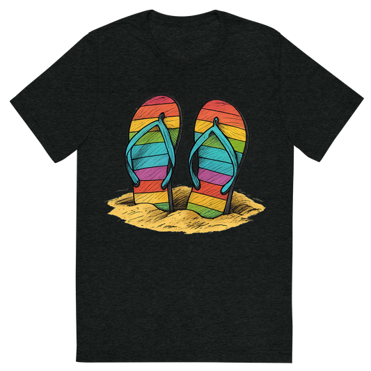 Front view of a Premium Tri-Blend Crew Neck T-Shirt in Charcoal-Black showing 'A hand-drawn ink with pops of color, carefree graphic of a pair of colorful flip-flops half-buried in golden sand, hand-drawn ink with pops of color, centered composition, transparent background, optimized for dtg printing'