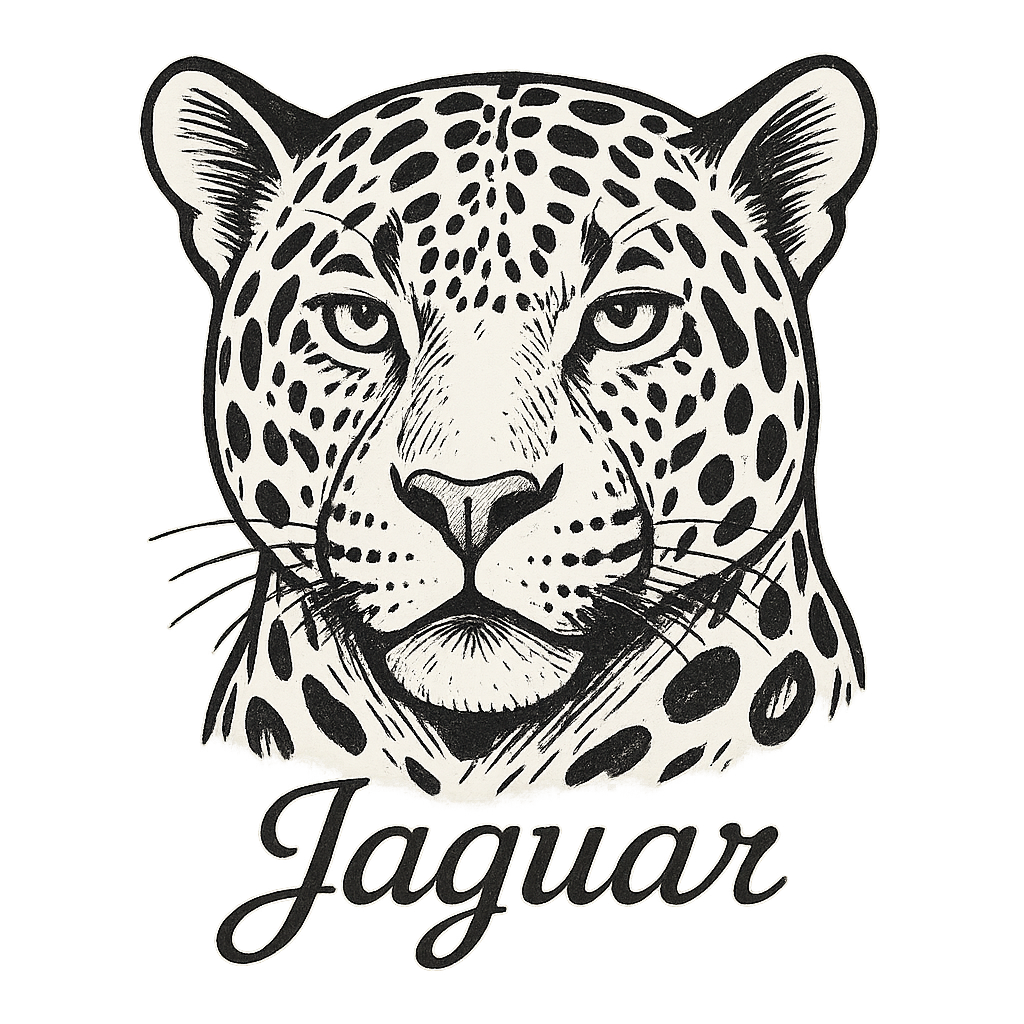 A flat, neutral graphic of a bold sketch of a jaguar with large rosettes and strong jawline. “jaguar” appears in elegant script below. white background, fine linework. – a t-shirt design