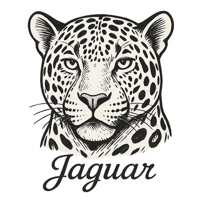 A flat, neutral graphic of a bold sketch of a jaguar with large rosettes and strong jawline. “jaguar” appears in elegant script below. white background, fine linework. – a t-shirt design