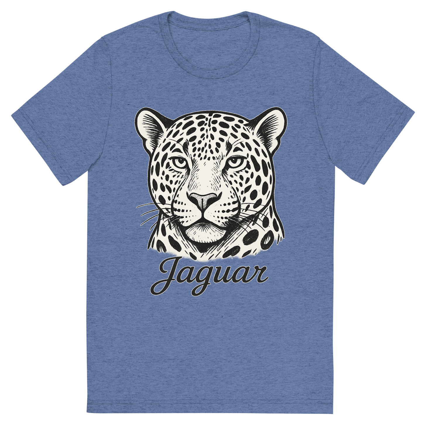 Front view of a Premium Tri-Blend Crew Neck T-Shirt in Blue showing 'A flat, neutral graphic of a bold sketch of a jaguar with large rosettes and strong jawline. “jaguar” appears in elegant script below. white background, fine linework.'