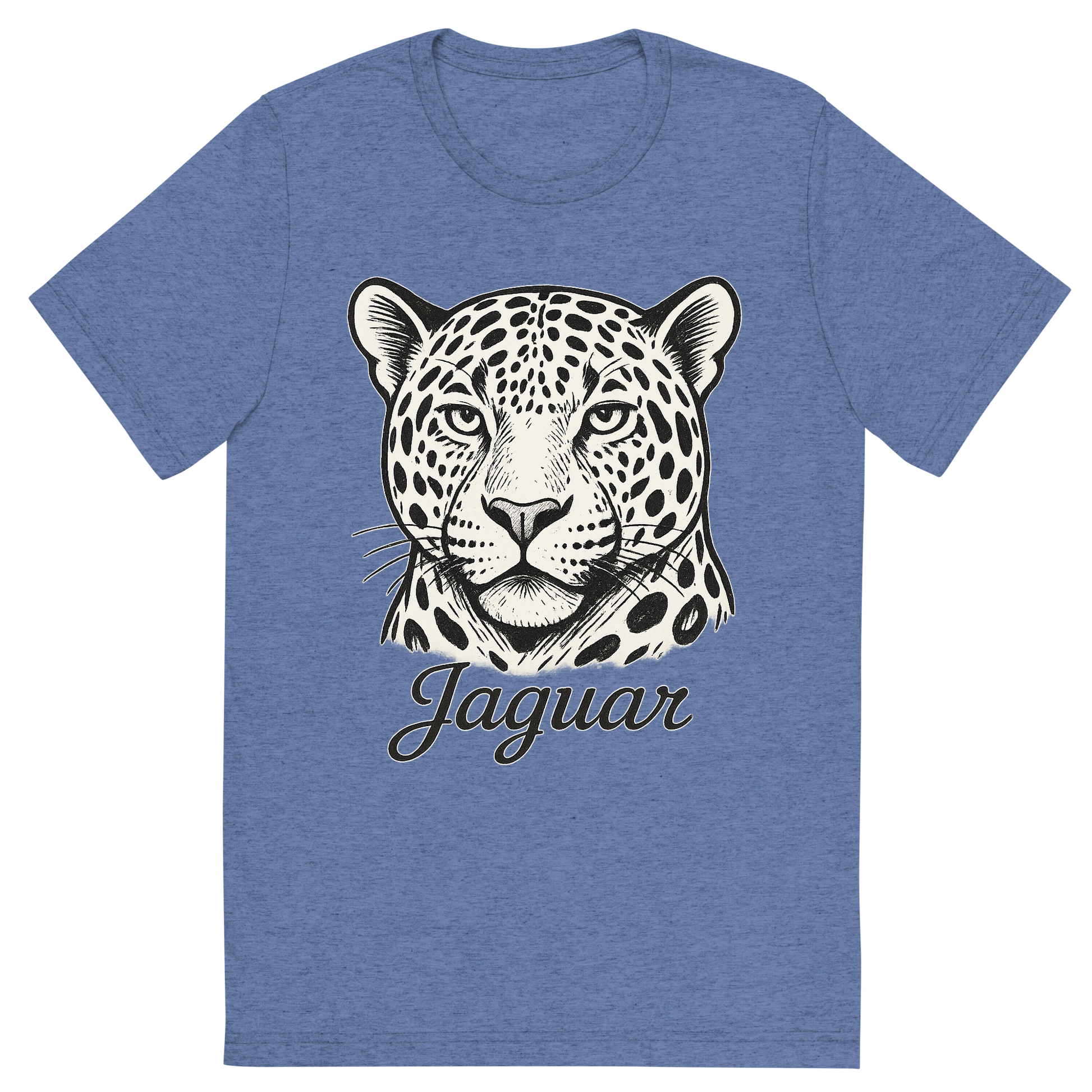 Front view of a Premium Tri-Blend Crew Neck T-Shirt in Blue showing 'A flat, neutral graphic of a bold sketch of a jaguar with large rosettes and strong jawline. “jaguar” appears in elegant script below. white background, fine linework.'