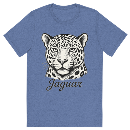 Front view of a Premium Tri-Blend Crew Neck T-Shirt in Blue showing 'A flat, neutral graphic of a bold sketch of a jaguar with large rosettes and strong jawline. “jaguar” appears in elegant script below. white background, fine linework.'